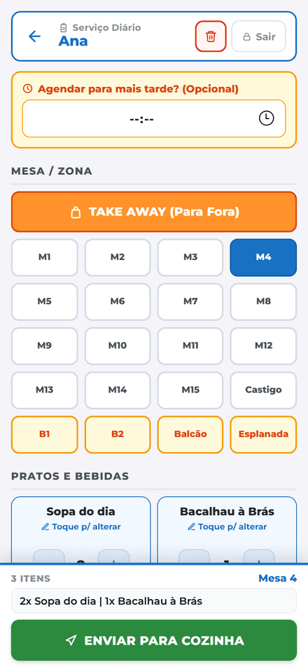 Ecrã de registo de pedidos, com os pratos do dia em lista